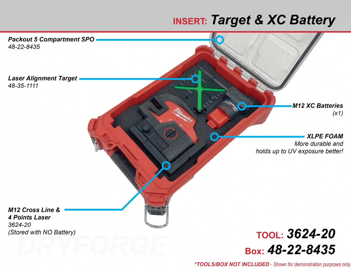 FOAM INSERT to store M12 Green Cross Line & 4 Points Laser 3624-20 in a Milwaukee Packout 5 Compartment spo - Tools/Case NOT Included