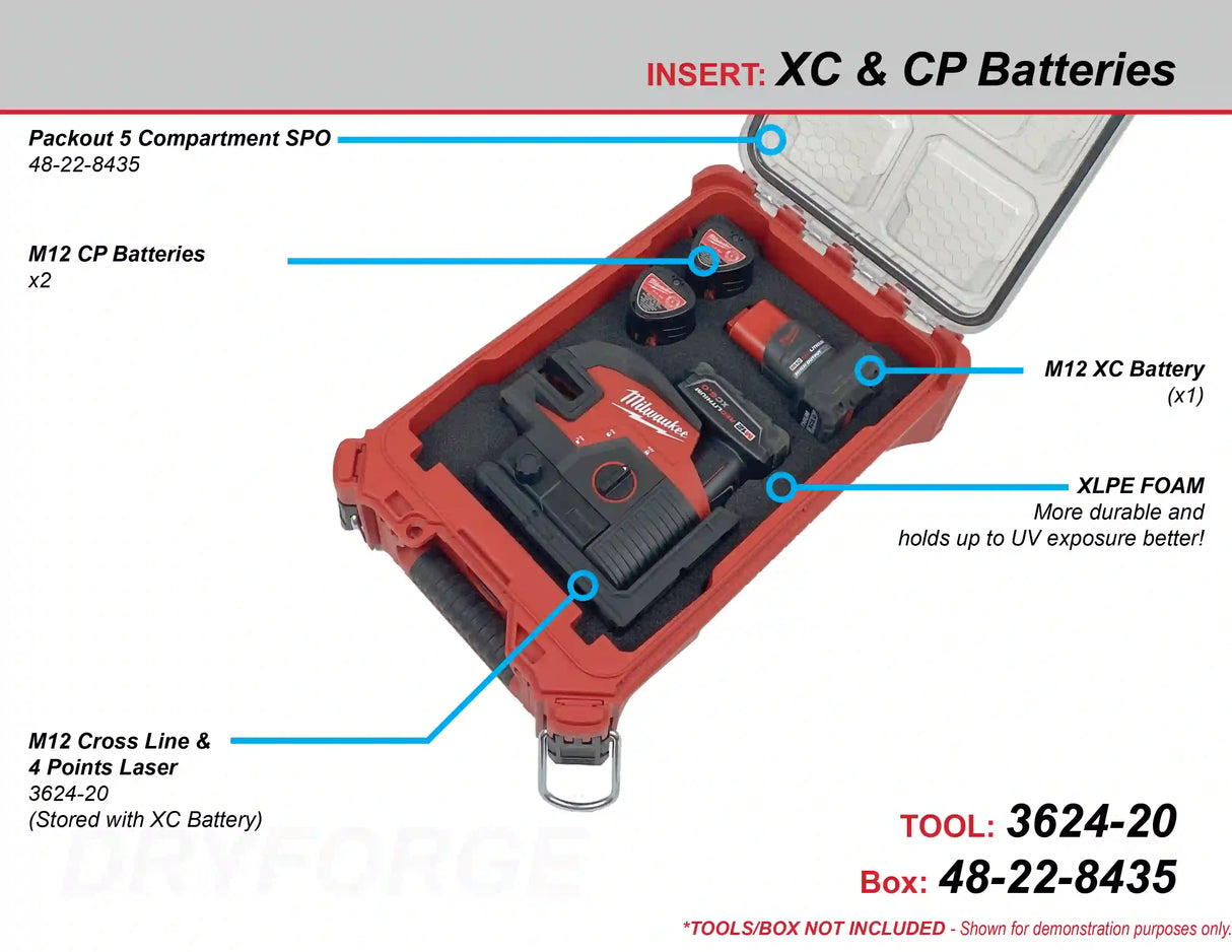 FOAM INSERT to store M12 Green Cross Line & 4 Points Laser 3624-20 in a Milwaukee Packout 5 Compartment spo - Tools/Case NOT Included