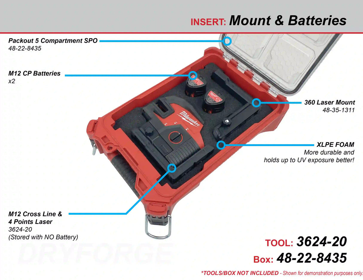 FOAM INSERT to store M12 Green Cross Line & 4 Points Laser 3624-20 in a Milwaukee Packout 5 Compartment spo - Tools/Case NOT Included