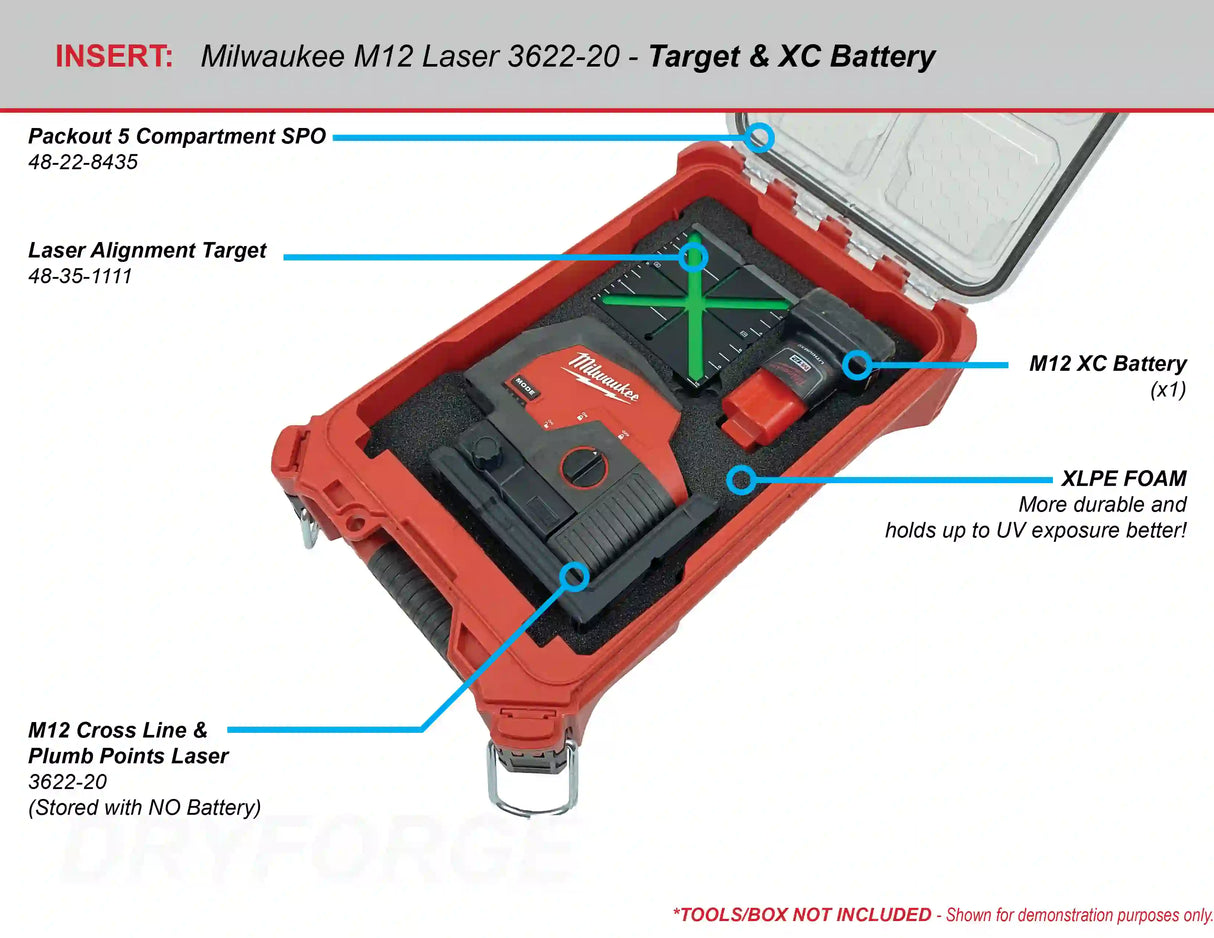 FOAM INSERT to store M12 Green 125ft Laser 3622-20 in a Milwaukee Packout 5 Compartment Small Parts Organizer - Tools/Case NOT Included