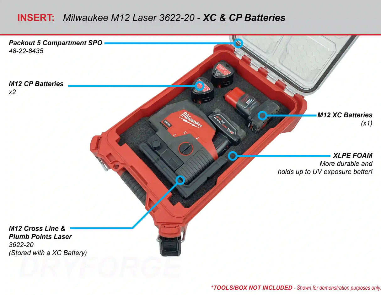 FOAM INSERT to store M12 Green 125ft Laser 3622-20 in a Milwaukee Packout 5 Compartment Small Parts Organizer - Tools/Case NOT Included