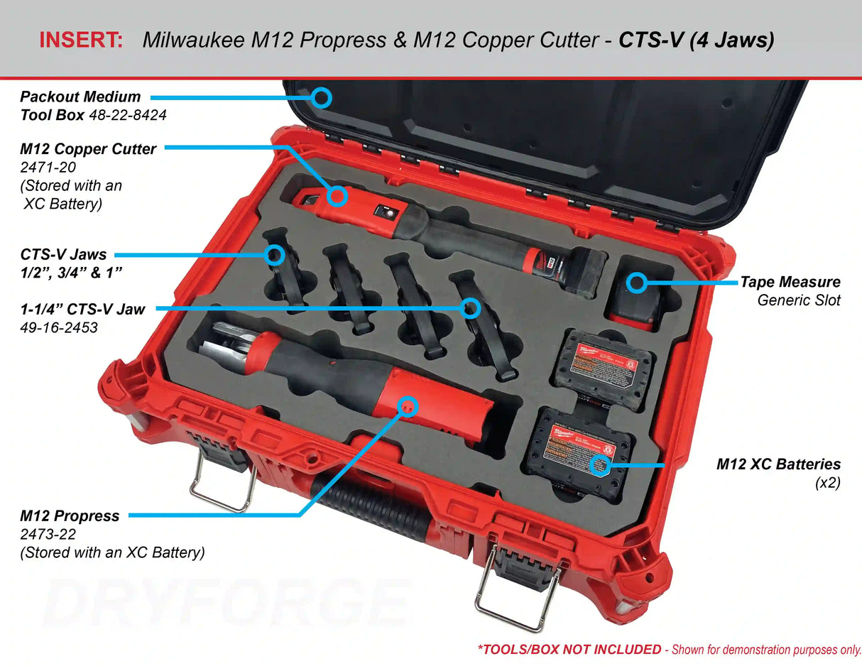 FOAM INSERT to store M12 Propress 4 CTS-V and 3 IPS Jaws in a Packout Medium Tool Box - Tools/Case NOT Included (Copy)