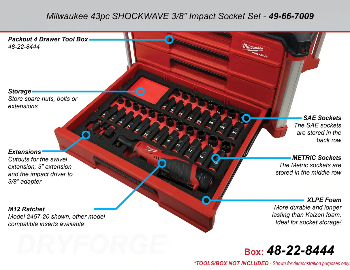 FOAM INSERT to store M12 Ratchet and Shockwave 43 Piece Socket Set in a Milwaukee Packout 4 Drawer Tool Box - Tools/Case NOT Included