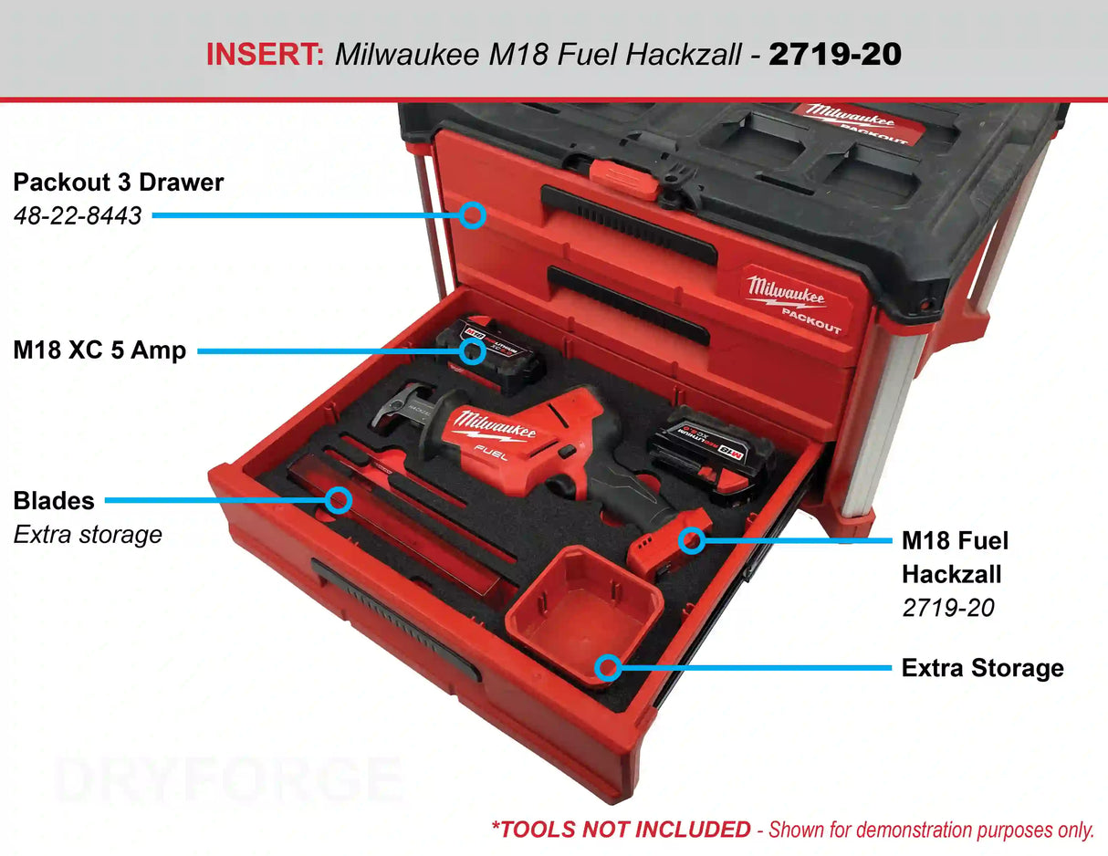 FOAM INSERT to store M18 Fuel Hackzall 2719-20 in a Milwaukee Packout 2 Drawer Tool Box - Tools/Case NOT Included