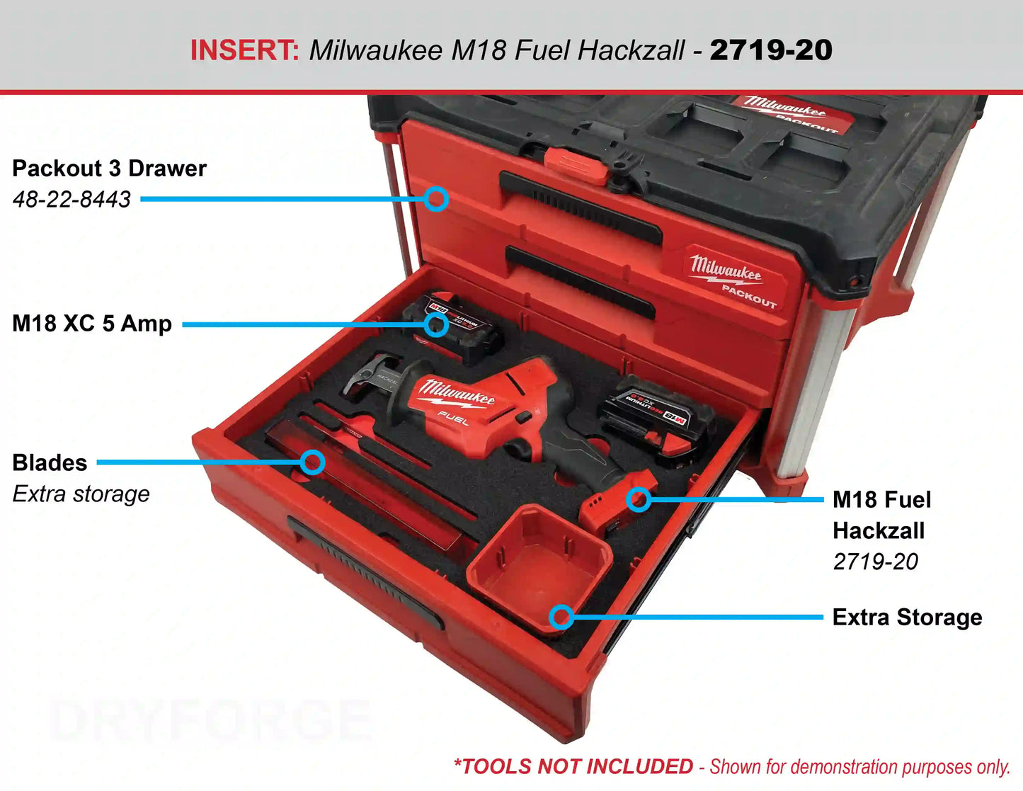 FOAM INSERT to store M18 Fuel Hackzall 2719-20 in a Milwaukee Packout 2 Drawer Tool Box - Tools NOT Included