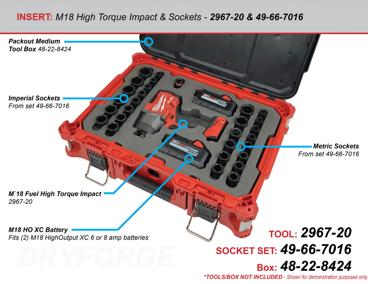 FOAM INSERT to store M18 Fuel High Torque Impact and 1/2" Shockwave Impact Socket Set in a Packout Medium Tool Box - Tools/Case NOT Included