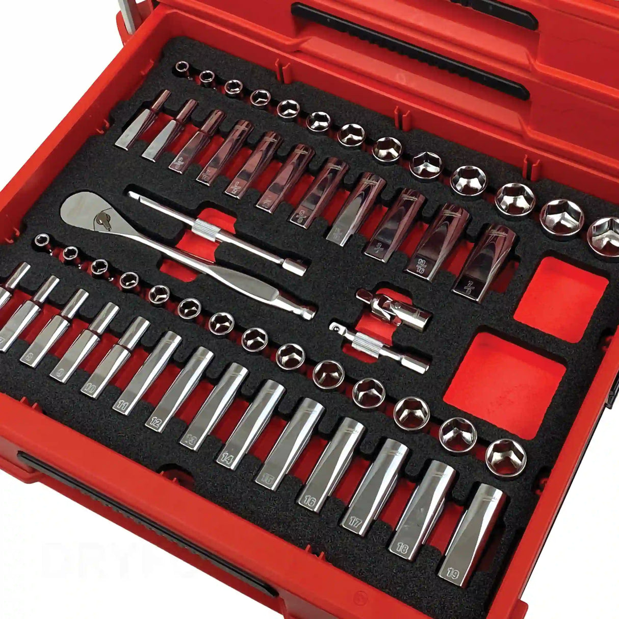 XLPE foam insert to organize the 56 piece Milwaulee 3/8" SAE and Metric socket set in a Milwaukee Packout 4 Drawer 48-22-8444 portable tool box.