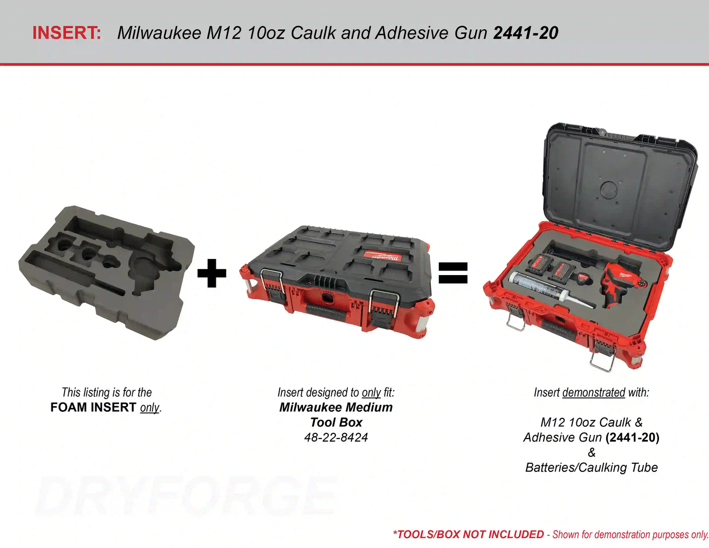FOAM INSERT to store M12 10oz Caulk and Adhesive Gun 2441-20 in a Milwaukee Packout Medium Tool Box 48-22-8424 - Tools/Case NOT Included
