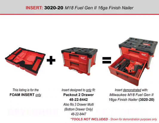 FOAM INSERT to store Milwaukee M18 Fuel Gen2 16 Gauge Nailer in a Milwaukee Packout 2 Drawer Tool Box 48-22-8442 - Tools/Case NOT Included