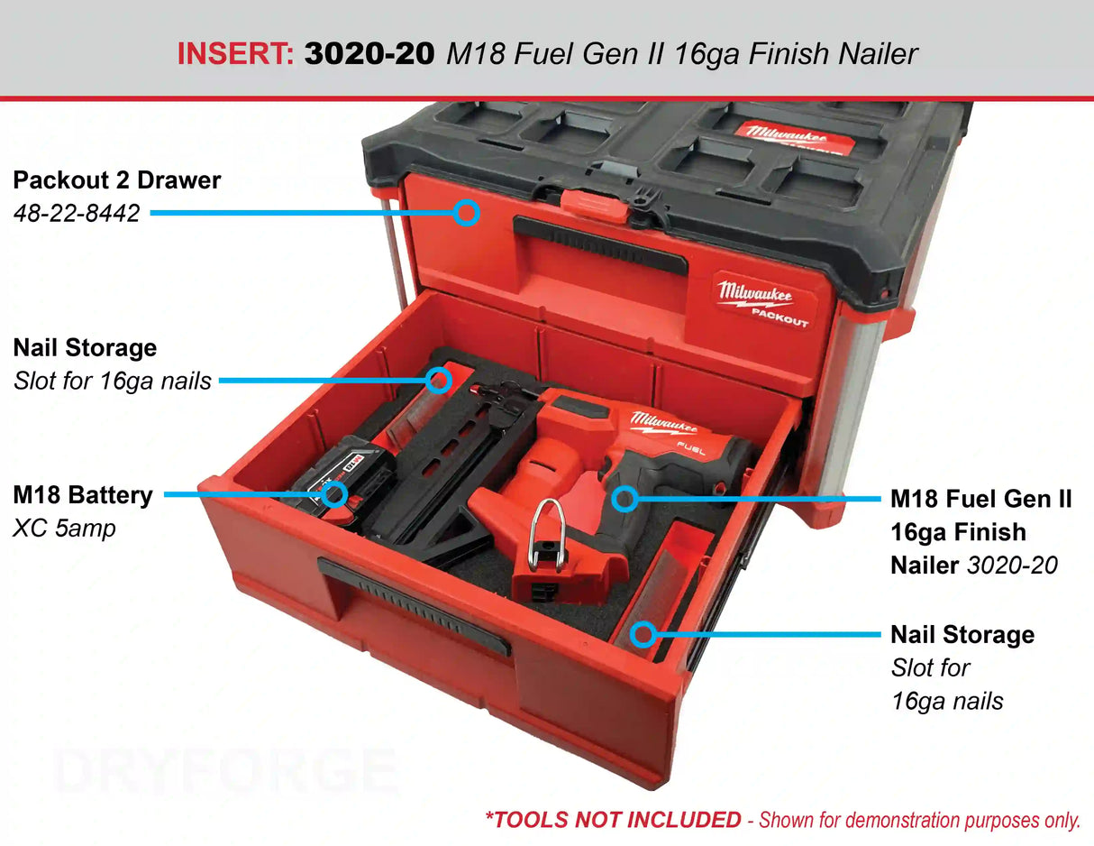 FOAM INSERT to store Milwaukee M18 Fuel Gen2 16 Gauge Nailer in a Milwaukee Packout 2 Drawer Tool Box 48-22-8442 - Tools/Case NOT Included