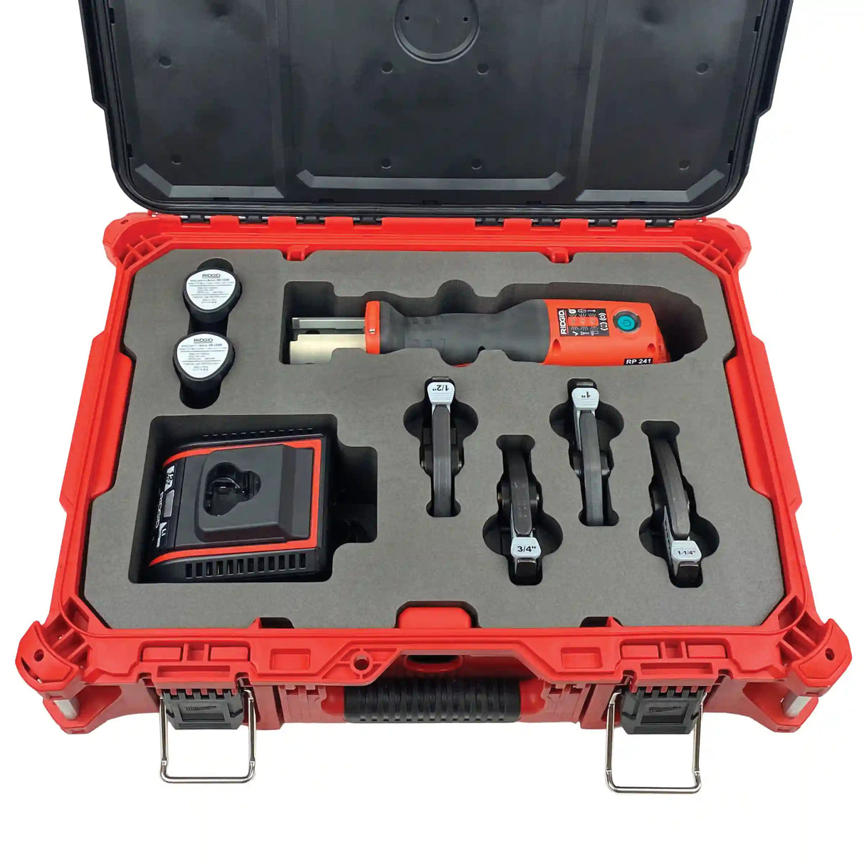 A gray XLPE foam insert manufactured by Dryforge to fit inside a Milwaukee Packout Medium Tool Box 48-22-8424 and to store the Ridgid RP 241 inline press tool along with different Propress jaws, the ridgid 12v charger and two ridgid 12v batteries.