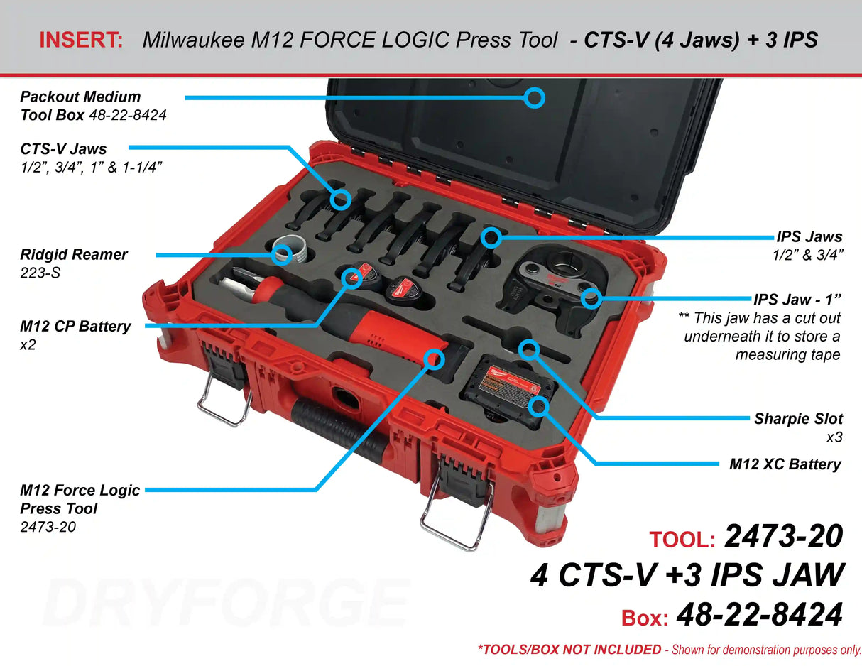 FOAM INSERT to store M12 Propress 4 CTS-V and 3 IPS Jaws in a Packout Medium Tool Box - Tools/Case NOT Included (Copy)