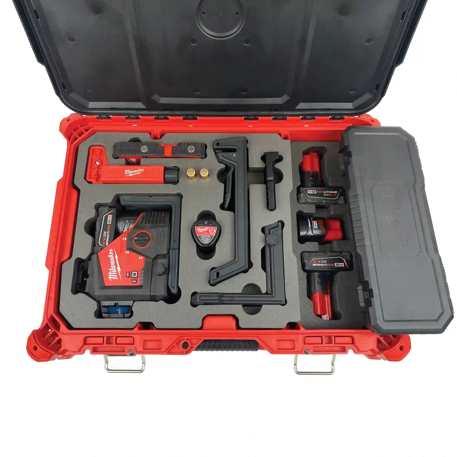 A gray XLPE foam insert manufactured by Dryforge to fit inside a Milwaukee Packout Medium Tool Box 48-22-8424 and to store the Milwaukee M12 Green 3 Plane Laser kit  3632-20 along with m12 XC and CP batteries, and other laser kit attachment pieces.