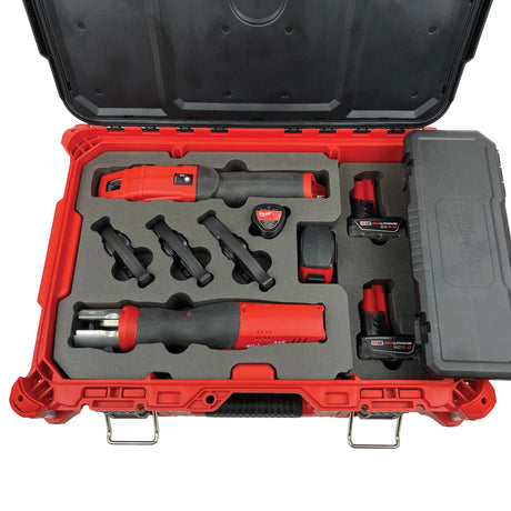 A gray XLPE foam insert manufactured by Dryforge to fit inside a Milwaukee Packout Medium Tool Box 48-22-8424 and to store the Milwaukee M12 Propress 2473-20 press tool and the M12 Copper Cutter 2471-20 along with different CTS-V jaws and M12 CP and XC batteries.
