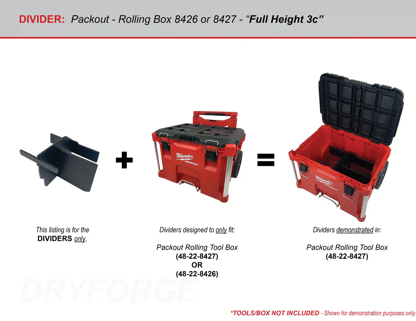 A product compatibility chart showing the plastic divider, the compatible Packout Rolling tool box and a photo demonstrating the dividers installed.