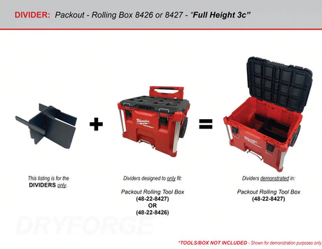 A product compatibility chart showing the plastic divider, the compatible Packout Rolling tool box and a photo demonstrating the dividers installed.