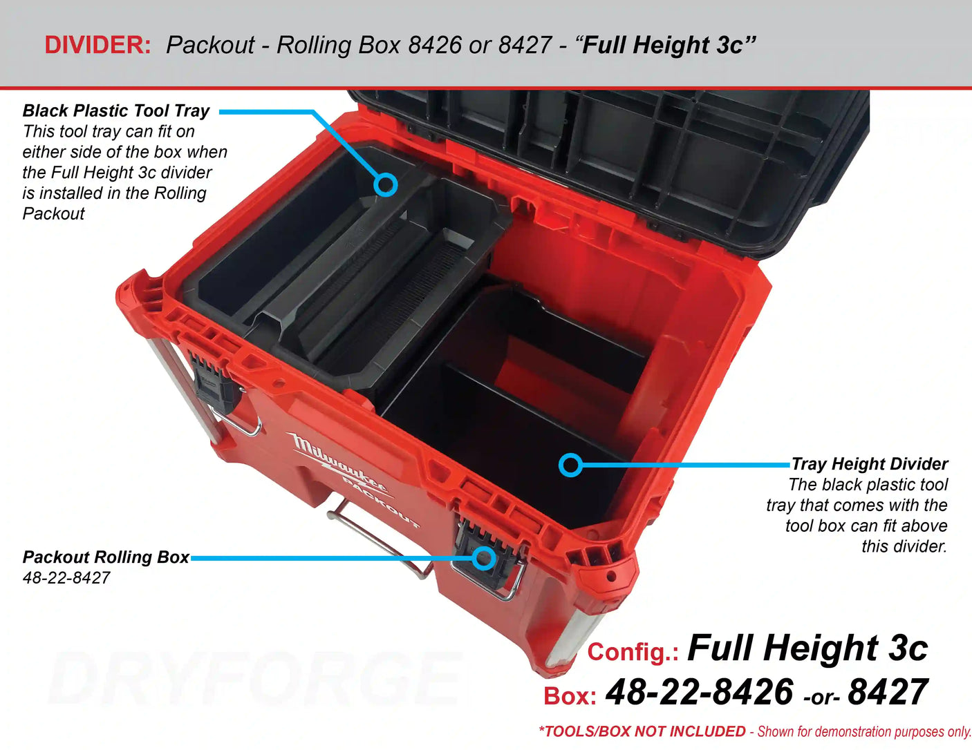 A red Milwaukee Packout Rolling tool box with the lid open showing the black plastic tool tray installed in the tool box with the Dryforge plastic dividers for compatibility.