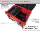A red Milwaukee Packout Rolling tool box with the lid open showing the black plastic tool tray installed in the tool box with the Dryforge plastic dividers for compatibility.
