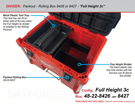 A red Milwaukee Packout Rolling tool box with the lid open showing the black plastic tool tray installed in the tool box with the Dryforge plastic dividers for compatibility.