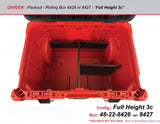 A red Milwaukee Packout Rolling tool box with the lid open showing a top down view of the inside of the tool box with the plastic dividers installed and the compartments they create for your tools