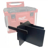 A black plastic tool box divider shown in front of a faded (not included) Packout Rolling tool box to show the model it is compatible with.