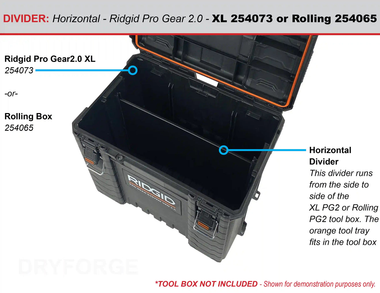 Horizontal Divider for Ridgid Pro Gear 2.0 XL or Rolling Tool Box - Tools/Case NOT Included