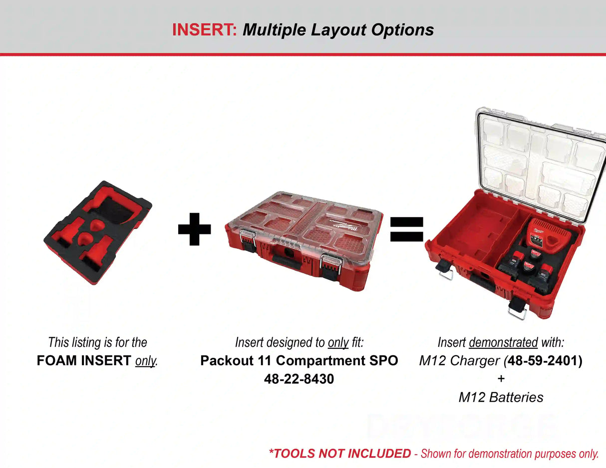 FOAM INSERT to store M12 Charger and Batteries in a Milwaukee Packout 11 Compartment Tool Box - Tools/Case NOT Included