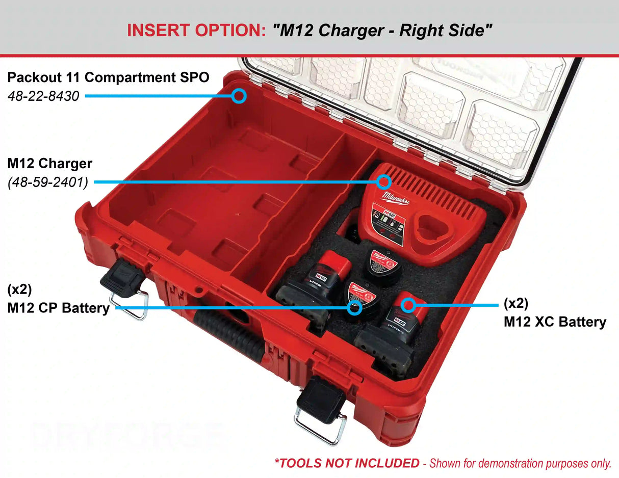 FOAM INSERT to store M12 Charger and Batteries in a Milwaukee Packout 11 Compartment Tool Box - Tools/Case NOT Included