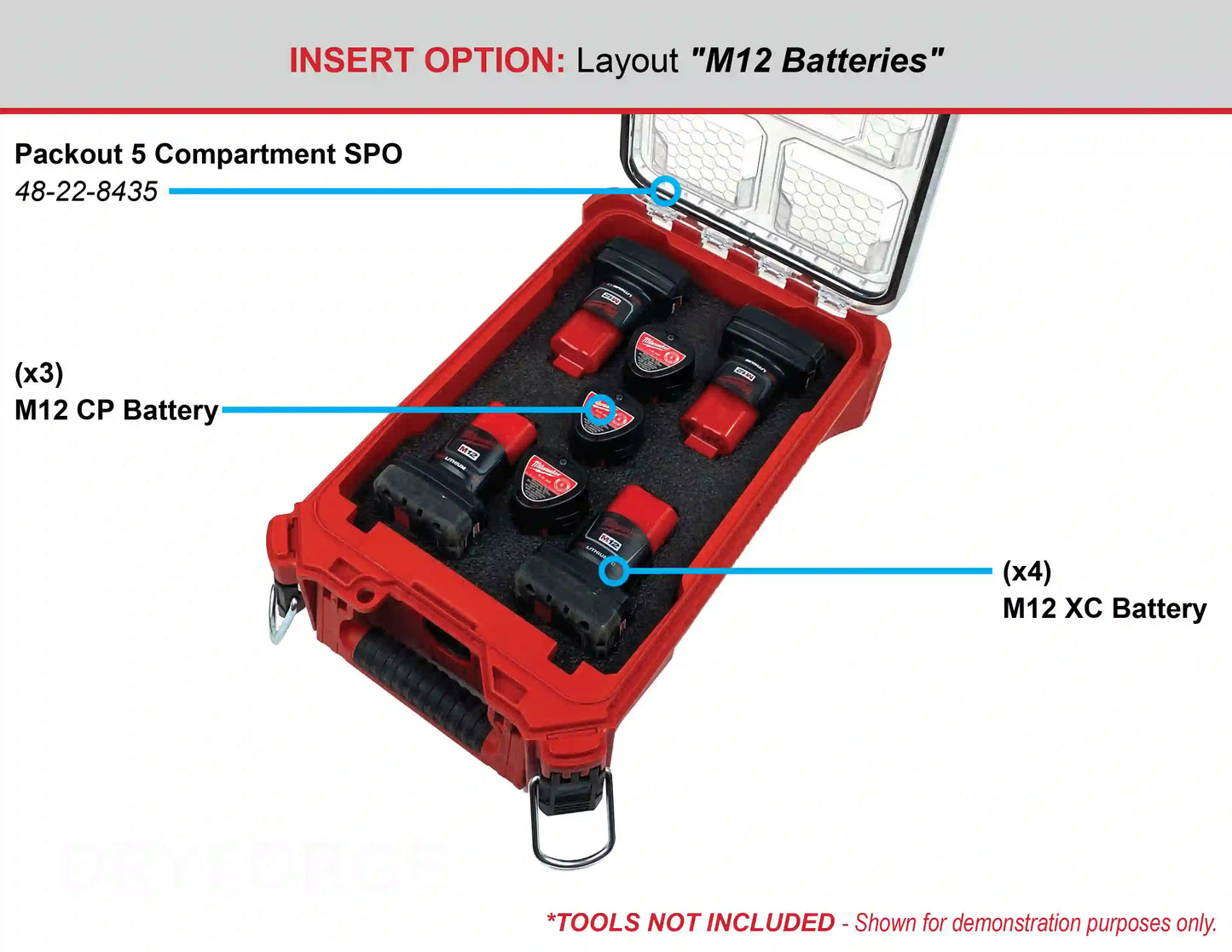 FOAM INSERT to store M12 Charger and M12 Batteries in a Milwaukee Packout 5 Compartment Small Parts Organizer - Tools/Case NOT Included