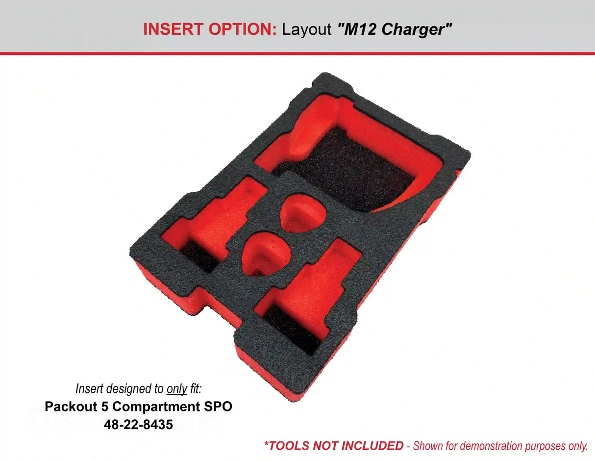 FOAM INSERT to store M12 Charger and M12 Batteries in a Milwaukee Packout 5 Compartment Small Parts Organizer - Tools/Case NOT Included