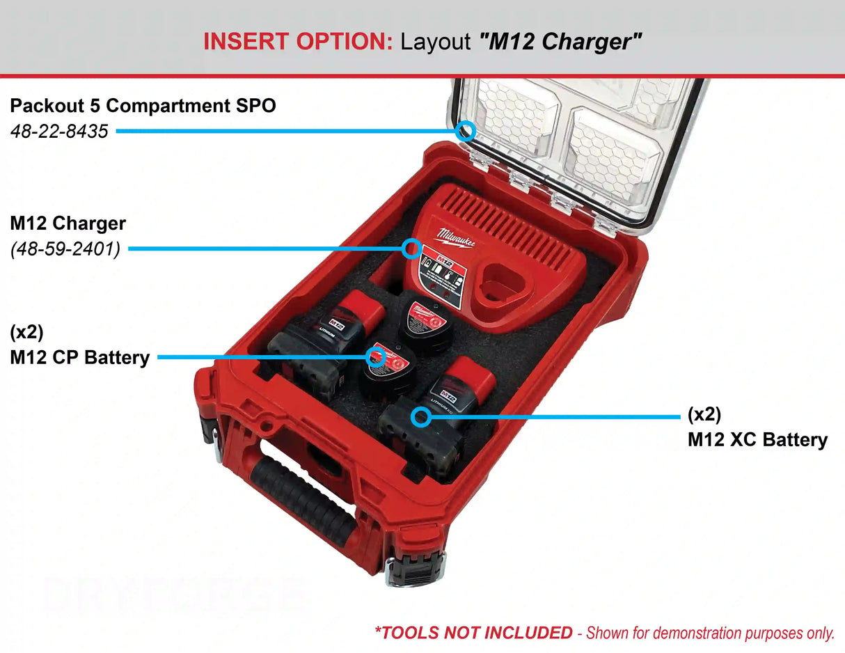 FOAM INSERT to store M12 Charger and M12 Batteries in a Milwaukee Packout 5 Compartment Small Parts Organizer - Tools/Case NOT Included