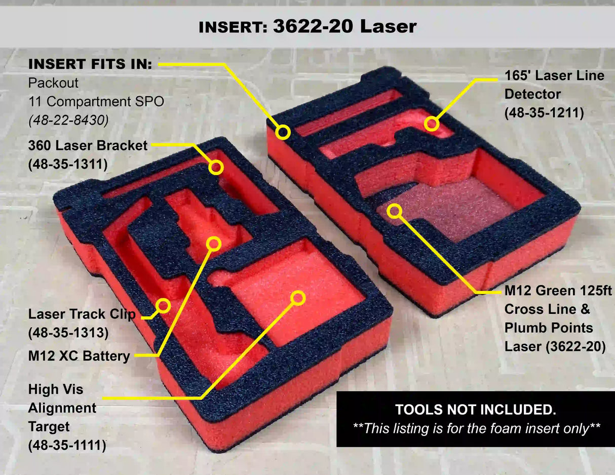 FOAM INSERT to store M12 Laser in a Milwaukee Packout 11 Compartment Tool Box - Tools/Case NOT Included