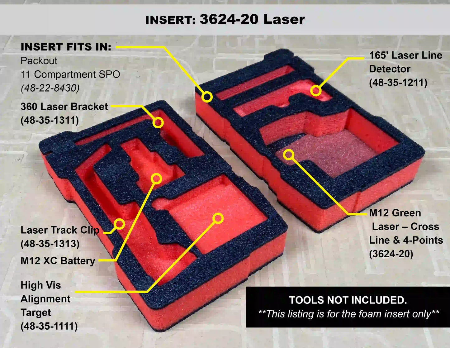 FOAM INSERT to store M12 Laser in a Milwaukee Packout 11 Compartment Tool Box - Tools/Case NOT Included