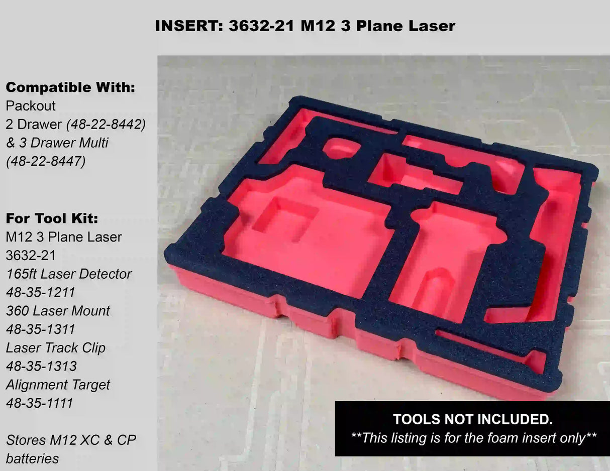 FOAM INSERT to store M12 Green 3 Plane Laser 3632-21 in a Milwaukee Packout 2 Drawer Tool Box - Tools/Case NOT Included