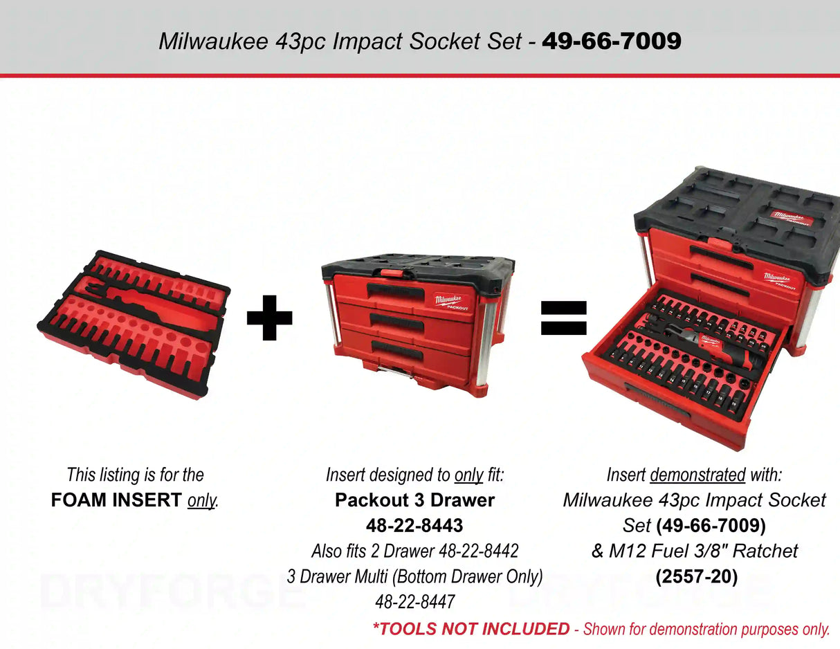 FOAM INSERT to store M12 Ratchet and Shockwave 43 Piece Socket Set in a Milwaukee Packout 3 Drawer Tool Box - Tools/Case NOT Included