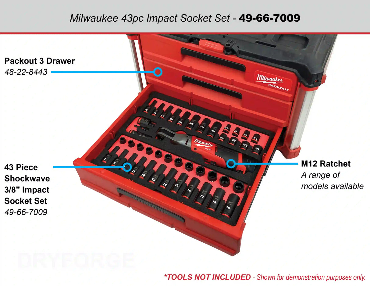 FOAM INSERT to store M12 Ratchet and Shockwave 43 Piece Socket Set in a Milwaukee Packout 3 Drawer Tool Box - Tools/Case NOT Included