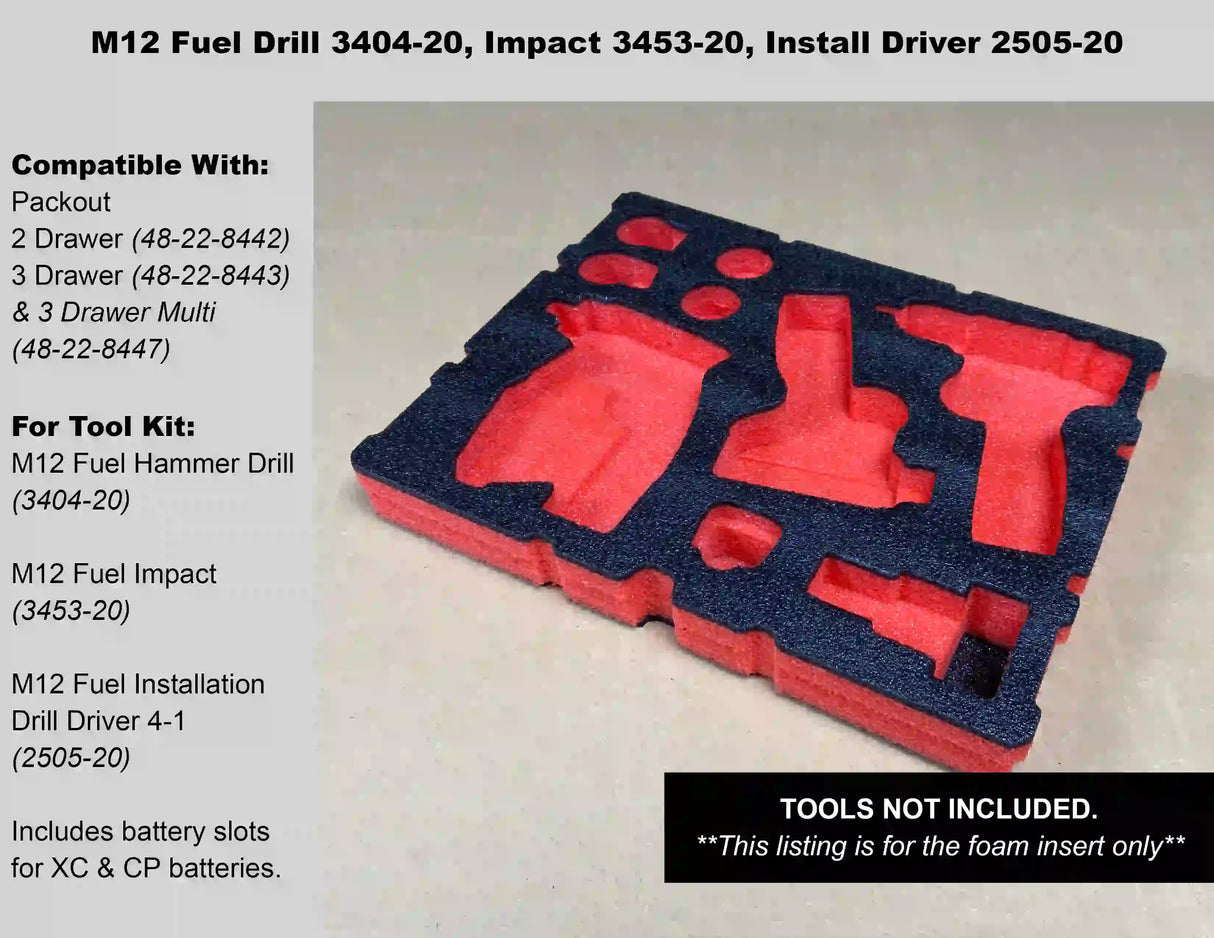 FOAM INSERT to store M12 Fuel Drill 3404-20 Impact 2453-20 Install Driver 2505-20 in a Milwaukee Packout 3Drawer Tool Box - Tools/Case NOT Included