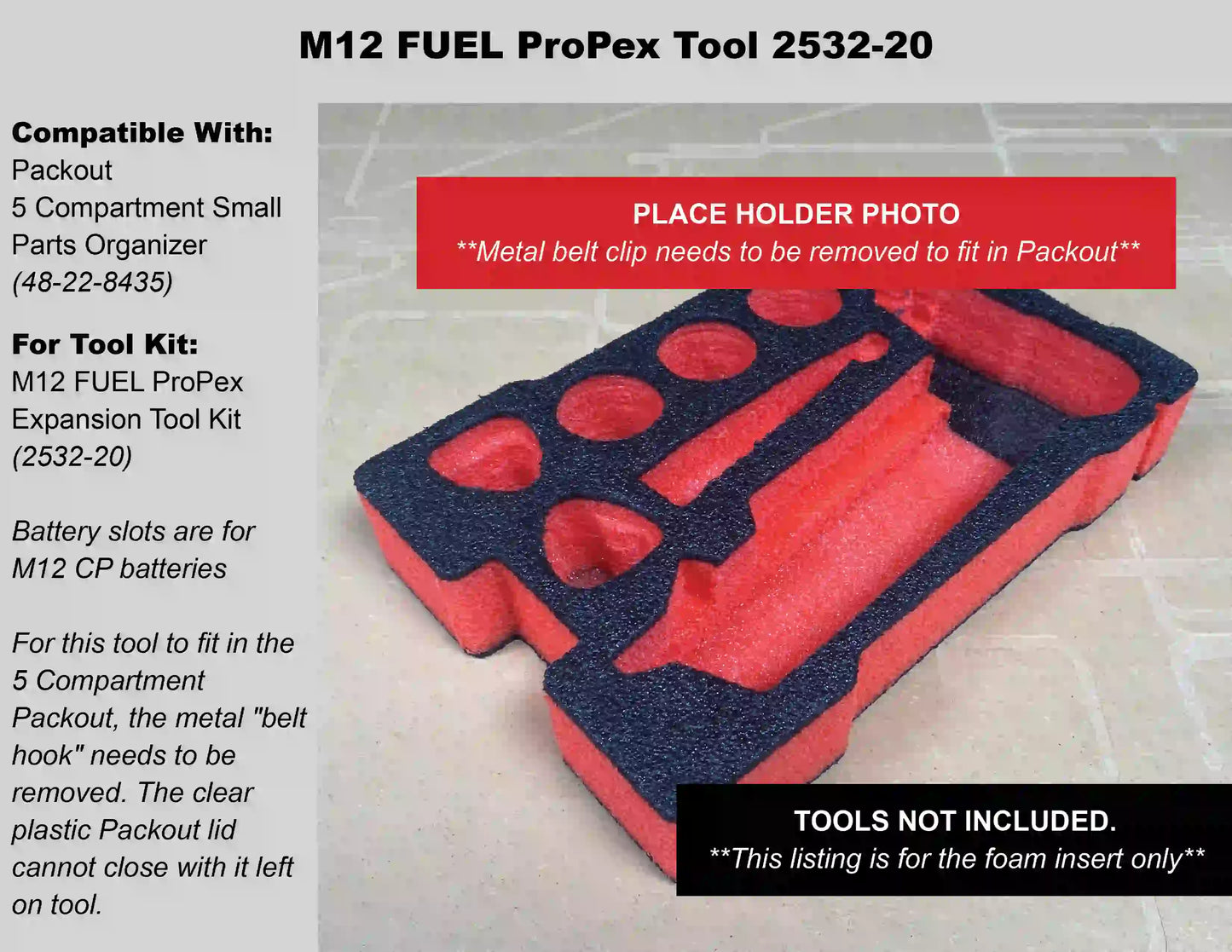 FOAM INSERT to store M12 ProPex Expansion Tool Kit in a Milwaukee Packout 5 Compartment Small Parts Organizer Tools NOT Included