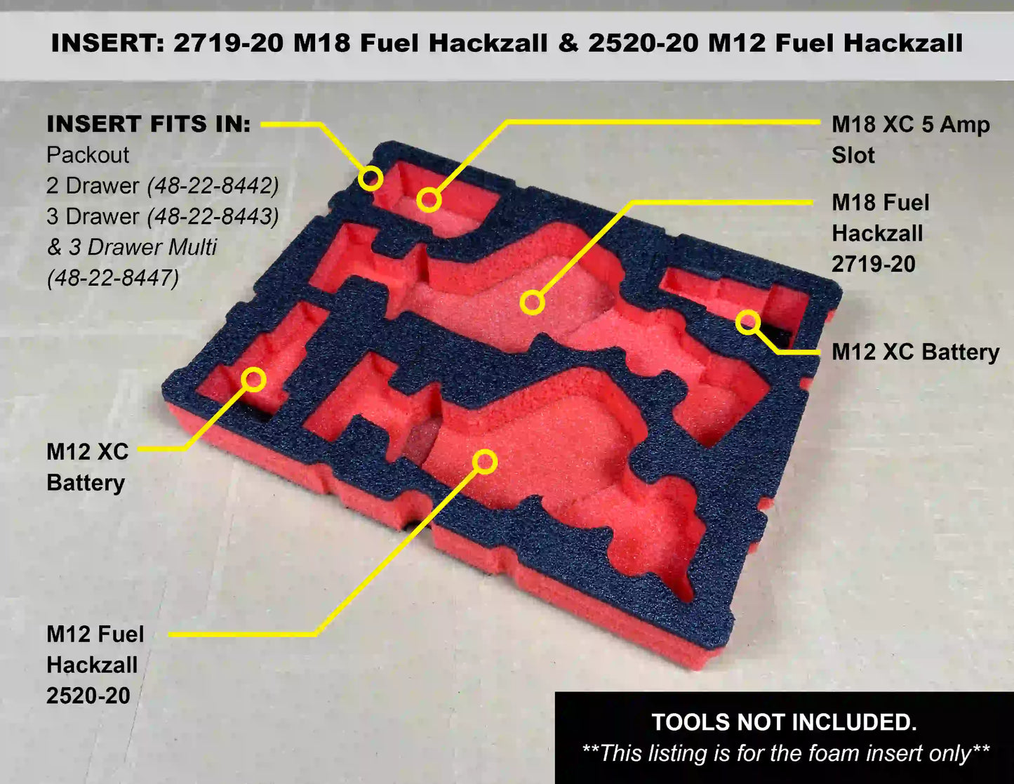 FOAM INSERT to store M18 Fuel Hackzall 2719-20 and M12 Fuel Hackzall 2520-20 in a Milwaukee Packout 3 Drawer Tool Box - Tools/Case NOT Included