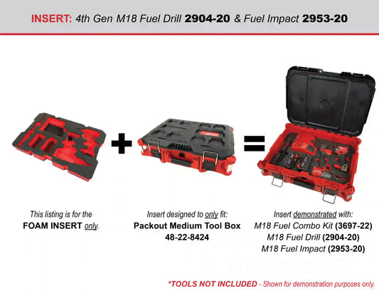 FOAM INSERT to store M18 Fuel Hammer Drill Impact Kit in a Milwaukee Packout Medium Tool Box 48-22-8424 - Tools/Case NOT Included