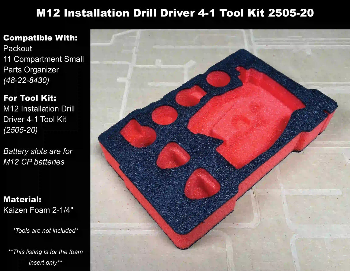 FOAM INSERT to store M12 Installation Drill Driver 4-1 Tool Kit 2505-20 in a Milwaukee Packout 11 Compartment Tool Box - Tools/Case NOT Included