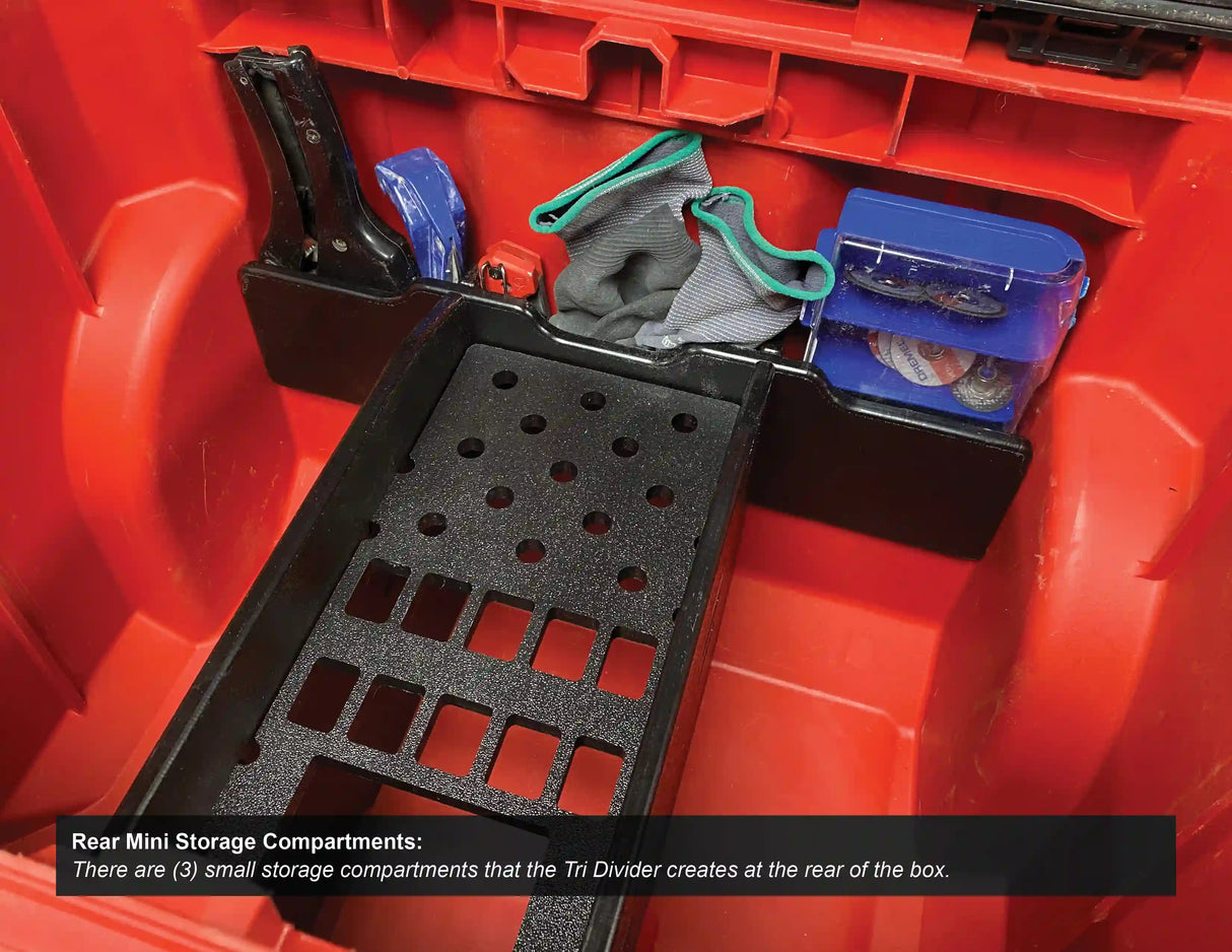 The inside of an organized Model # 48-22-8426 Milwaukee Packout 22in Rolling Tool box with the black plastic tri divider made by Dryforge to organize handtools and jobsite supplies for tradesmen 