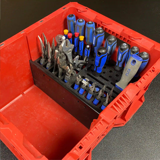 plastic insert for organizing hand, tools pliers screwdrivers, adjustable wrenches, putty knifes, small pliers and more in the Milwaukee Packout Crate tool box
