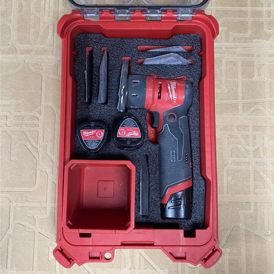 Kaizen foam insert that fits in the milwaukee packout 48-22-8435 5 compartment small parts organizer to store the M12 orbital sander  2531-20 with extra M12 CP batteries and sand paper