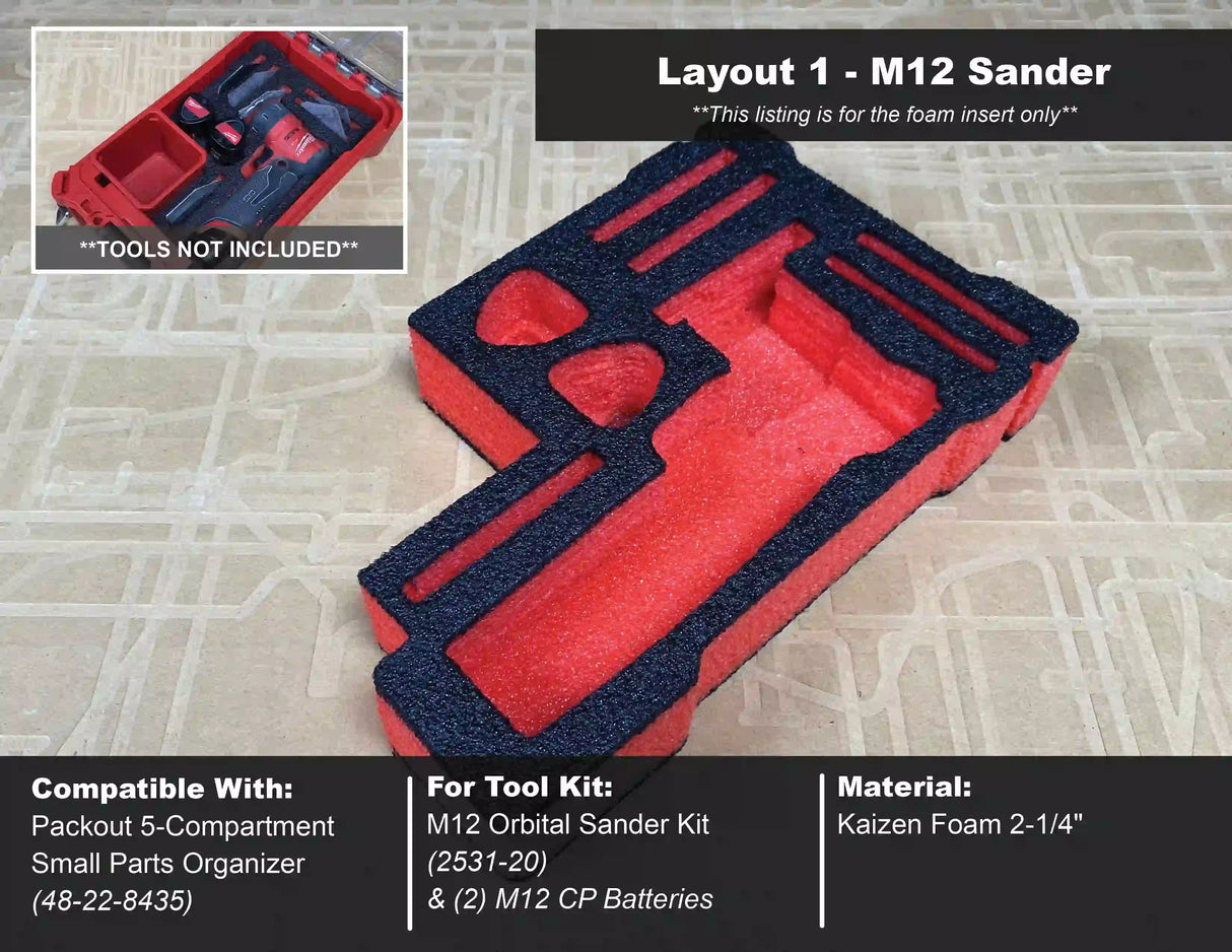 FOAM INSERT to store M12 Orbital Sander in a Milwaukee Packout 5 Compartment Small Parts Organizer - Tools/Case NOT Included