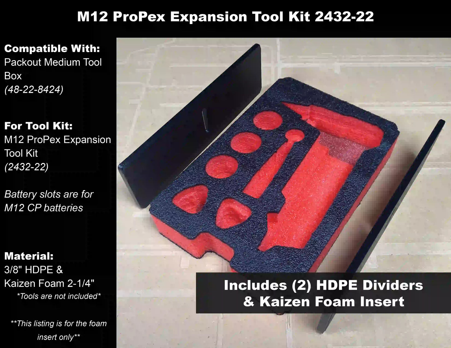 FOAM INSERT & Dividers For Milwaukee M12 ProPex Tool Kit 2432-22 for Packout Medium Tool Box