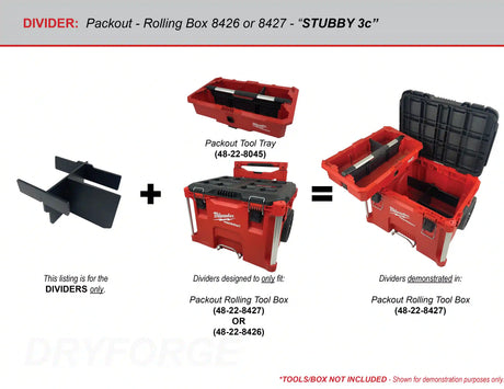 A product compatibility chart showing the short black plastic tool box dividers paired with the PACKOUT 22in Rolling tool box and the PACKOUT Red Tool Tray