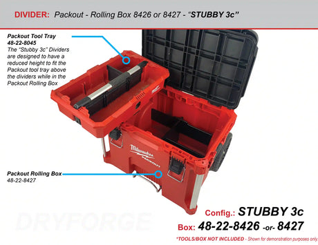 A top down view of the Packout 22in Rolling Tool box with the lid open and the PACKOUT Red Tool Tray sitting on top of the Rolling tool box with the plastic dividers installed