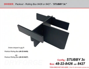 Shorter black plastic divider rack designed for a rolling box, shown on a white background with technical specifications and configuration text.