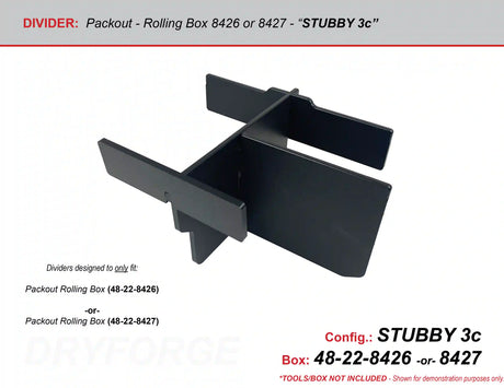 Shorter black plastic divider rack designed for a rolling box, shown on a white background with technical specifications and configuration text.